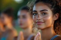 Young mixed-race woman with curly hair in prayer pose during outdoor meditation session with blurred group background in warm golden light.