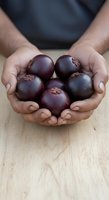 Fresh dark purple mangosteen fruits held in cupped hands of a male with medium skin tone, displayed on wooden surface for culinary, food styling, and healthy eating content.