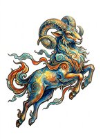Ornate ram with curved horns in blue, gold, and orange tones, isolated on transparent background. Ready for t-shirts, stickers, clipart, sublimation, and print-on-demand designs.