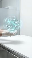 Medical professional in white gloves holding glowing brain hologram in modern clinical laboratory environment for healthcare technology concepts.