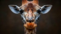 Close up portrait of giraffe face showing detailed features, long eyelashes, spotted pattern, and distinctive nose against dark background. Wildlife photography concept.