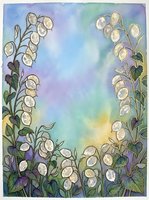 Watercolor illustration of delicate white bell-shaped flowers with green stems and leaves framing a soft gradient sky in purple, blue, and yellow tones. Suitable for botanical art, greeting cards, and nature-themed designs.