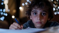 Young boy with curly hair concentrating while drawing or writing at desk with warm bokeh lights in background creating cozy evening study atmosphere.