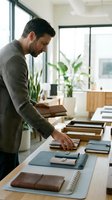Young Caucasian businessman examining leather goods samples in modern office showroom with natural lighting and plants for product selection.