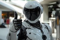 Futuristic humanoid robot with reflective helmet giving thumbs up gesture in modern indoor setting. Artificial intelligence concept for technology presentations.