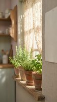 Cozy kitchen windowsill with potted herbs in terracotta pots, soft morning sunlight filtering through lace curtains creating warm homey atmosphere.