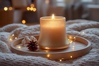 Glowing frosted glass candle on copper tray with pine cone and fairy lights, placed on cozy knitted blanket creating warm atmospheric holiday mood.