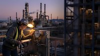 Industrial worker in safety gear welding at oil refinery during twilight with illuminated petrochemical plant structures in background for energy sector projects.