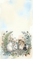 Adorable watercolor mice family nestled among botanical foliage with hearts and berries on soft pastel background for nursery decor and greeting cards.