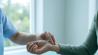 Healthcare professional providing compassionate support and comfort to patient through gentle hand contact in bright medical office setting.