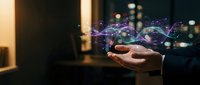 Businessman hand holding glowing digital network connections with purple light waves against blurred city skyline background for technology and innovation concepts.