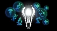 Glowing light bulb surrounded by floating medical and healthcare icons including DNA, stethoscope, microscope and cross symbols on dark background.