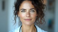 Confident Mediterranean female professional with curly dark hair and bright blue eyes wearing white coat smiles warmly against blurred office background.