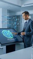 Professional businessman using interactive touchscreen display with target achievement analytics in modern office environment for business presentations.