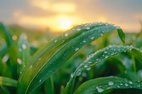 Fresh green corn leaves with morning dew drops glistening in golden sunrise light, natural agricultural background showing plant growth and fertile farmland.