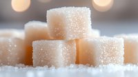 White sugar cubes stacked on crystalline surface with soft bokeh lights in background, macro photography showing sweet granulated texture and sparkle.