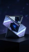Abstract geometric glass sculpture with glowing blue neon light effects and reflective surfaces on dark background for modern design and technology concepts.