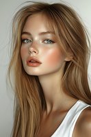 Young Caucasian woman with natural makeup, freckles, and honey blonde hair wearing white tank top against light background, looking at camera with coral lipstick.