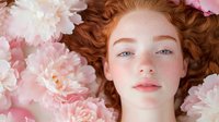Young redhead woman with freckles lying among pink peonies, natural beauty portrait with fresh glowing skin and dreamy romantic spring mood.