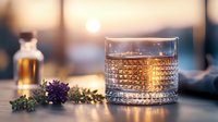 Elegant crystal glass with whiskey on blurred background, lavender sprig and warm sunset lighting creates cozy evening atmosphere. Luxury drink concept.