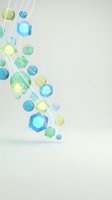 Abstract geometric shapes in blue and green tones floating with connecting lines on light background for modern digital design and technology concepts.