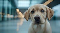 Young Labrador Retriever puppy with soulful eyes gazes at camera against blurred background with bokeh lights, capturing innocent expression and gentle nature.