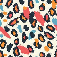 Modern leopard print pattern in coral, orange and blue brush strokes on cream background. Seamless repeat design for fashion, textiles and surface patterns.