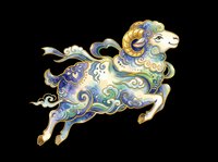 Ornate leaping ram with swirling blue and gold patterns, isolated on transparent background, ready for stickers, sublimation, t-shirt design, and print on demand.
