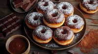 Fresh chocolate donuts dusted with powdered sugar on rustic plate with melted chocolate sauce and dark chocolate pieces on wooden table background.