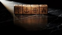 Wooden dice with nautical symbols including anchor, compass, and flame icons arranged on dark marble surface with dramatic lighting for gaming concepts.