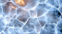 Frozen ice cubes with dramatic lighting effects creating abstract patterns of light and shadow, cold crystalline texture with blue and orange highlights.