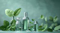 Glass bottles with natural green cosmetic product surrounded by fresh mint leaves and herbs on mint background for organic skincare and beauty concept.