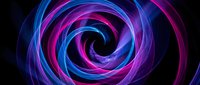 Vibrant neon spiral vortex with swirling blue and magenta energy waves on dark background, suitable for digital art and motion graphics projects.