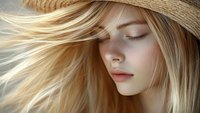 Young woman with flowing blonde hair and straw hat in soft natural light, eyes closed peacefully, showing natural beauty and serenity in profile view.