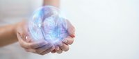 Hand holding glowing digital globe with holographic network connections and data visualization, representing global technology, innovation, and worldwide digital communication.