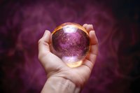 Mystical crystal ball held in hands against purple smoky background, glowing with ethereal light and swirling magical energy patterns for fortune telling and divination.