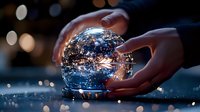 Hands protecting glowing digital Earth globe with network connections representing global technology, environmental protection and worldwide connectivity.
