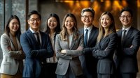 Diverse professional business team of seven colleagues standing together with crossed arms in modern office environment smiling confidently at camera.