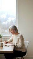 Mature woman with gray hair, Caucasian ethnicity, wearing beige ribbed sweater, writing in notebook at wooden desk by large window with winter forest view, natural daylight, indoor workspace setting.
