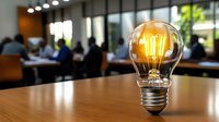 Glowing vintage light bulb on wooden table in office meeting room, symbolizing bright ideas and innovation in business environment. Blurred people background.