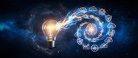 Glowing light bulb with digital technology icons spiral in cosmic space background representing innovation and creative business solutions for modern enterprises.