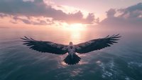 Majestic eagle soaring over ocean waves at sunset, wings spread wide against pink and purple sky, dramatic silhouette creating powerful nature scene.