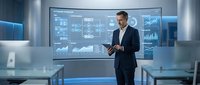 Professional businessman analyzing financial data on futuristic digital dashboard in modern corporate office environment for business presentations.