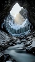 Mystical winter cave with frozen waterfall and flowing stream beneath massive ice formations. Sunlight filters through cave opening illuminating snowy evergreen forest.