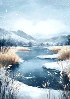 Serene winter landscape with frozen lake, snow-covered mountains, and dried reeds along shoreline under gentle snowfall and misty sky.