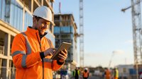 Construction worker in safety gear using digital tablet at building site during golden hour for project management and planning.