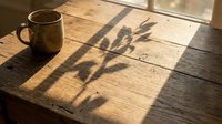 Ceramic mug casting shadow on wooden table in warm sunlight, perfect for lifestyle, home decor, and morning routine content.