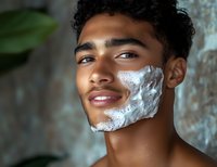 Young mixed race man with shaving foam on face smiling confidently during morning skincare routine, natural light through window creates soft illumination.