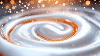 Creamy white swirl with golden caramel ribbon creating elegant spiral pattern against warm bokeh background for culinary and dessert designs.