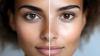 Mixed race young woman face split showing skin before and after freckles appearance, beauty treatment comparison for skincare and dermatology concept.